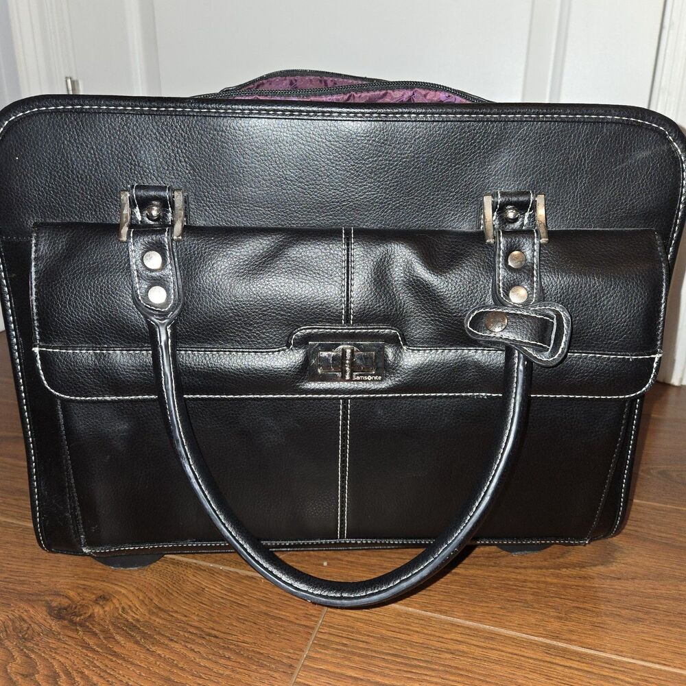 Samsonite Women's Rolling Black Leather Computer Bag Telescopic Handle Classy